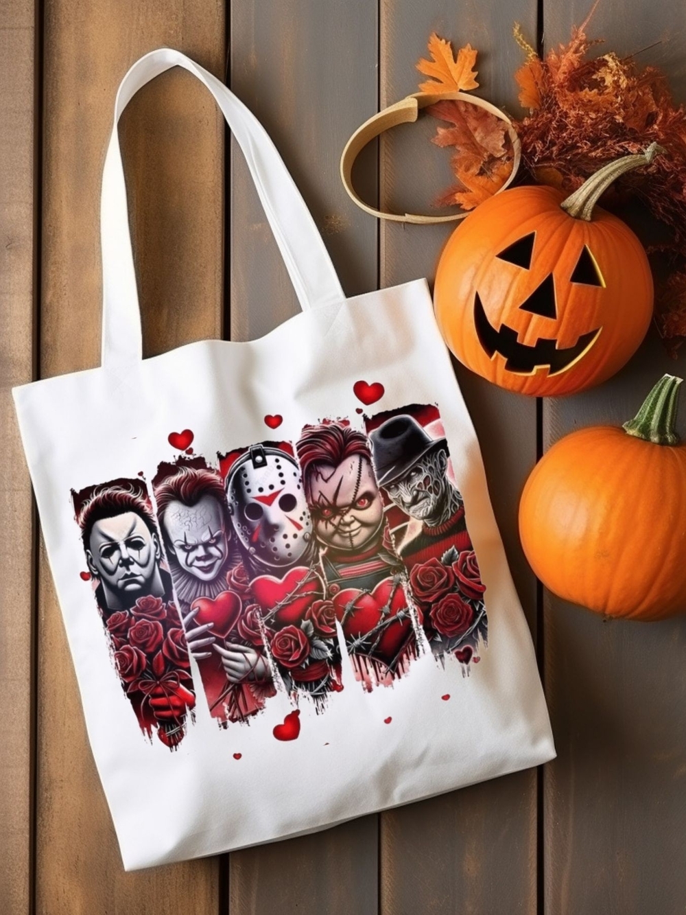 White Horror Icons Graphic Tote Bag with Red Accents